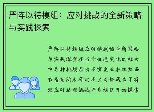 严阵以待模组：应对挑战的全新策略与实践探索